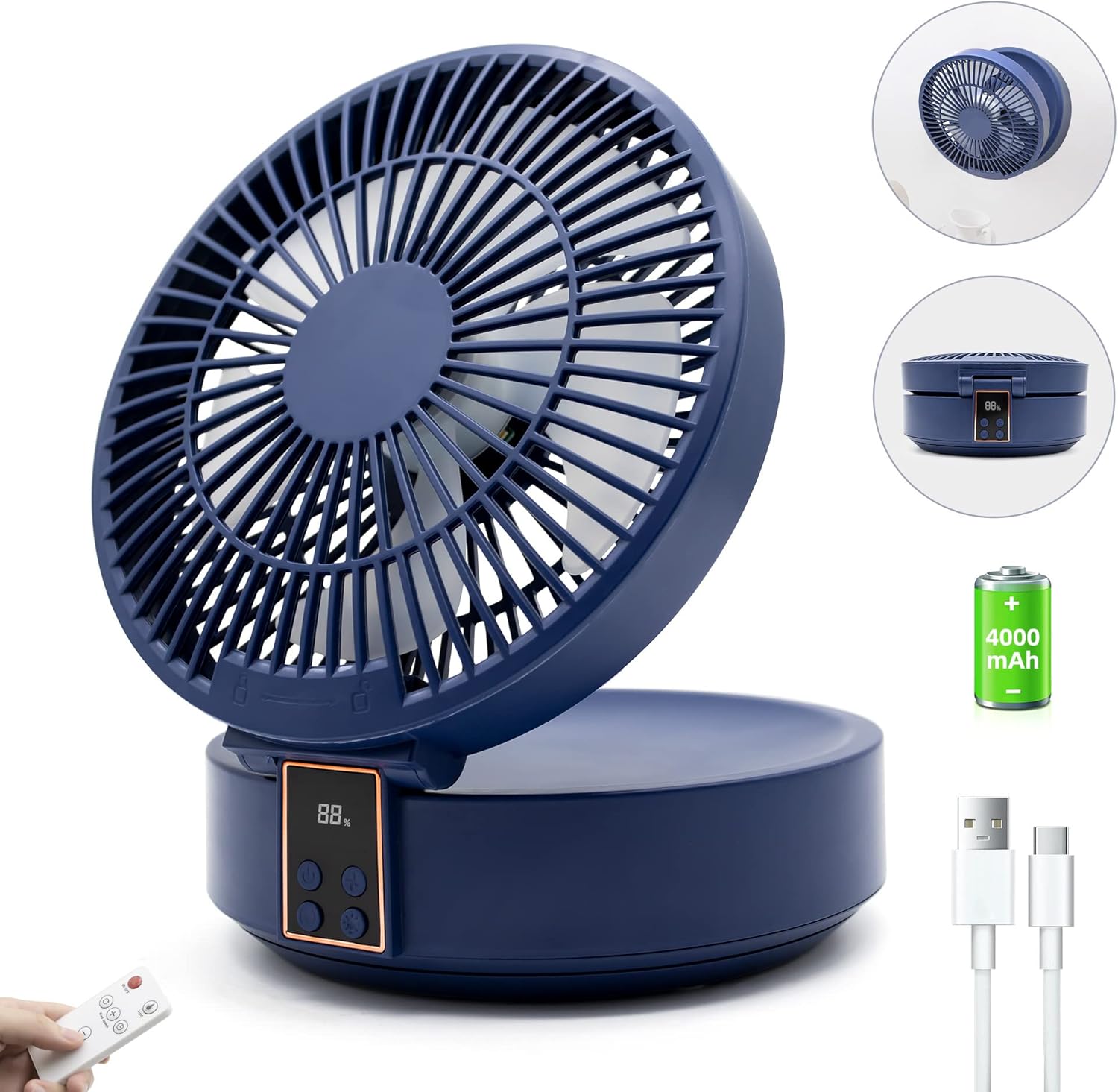 Silent Desk Fan, USB Small Table Fans 4000mAh Rechargeable Battery