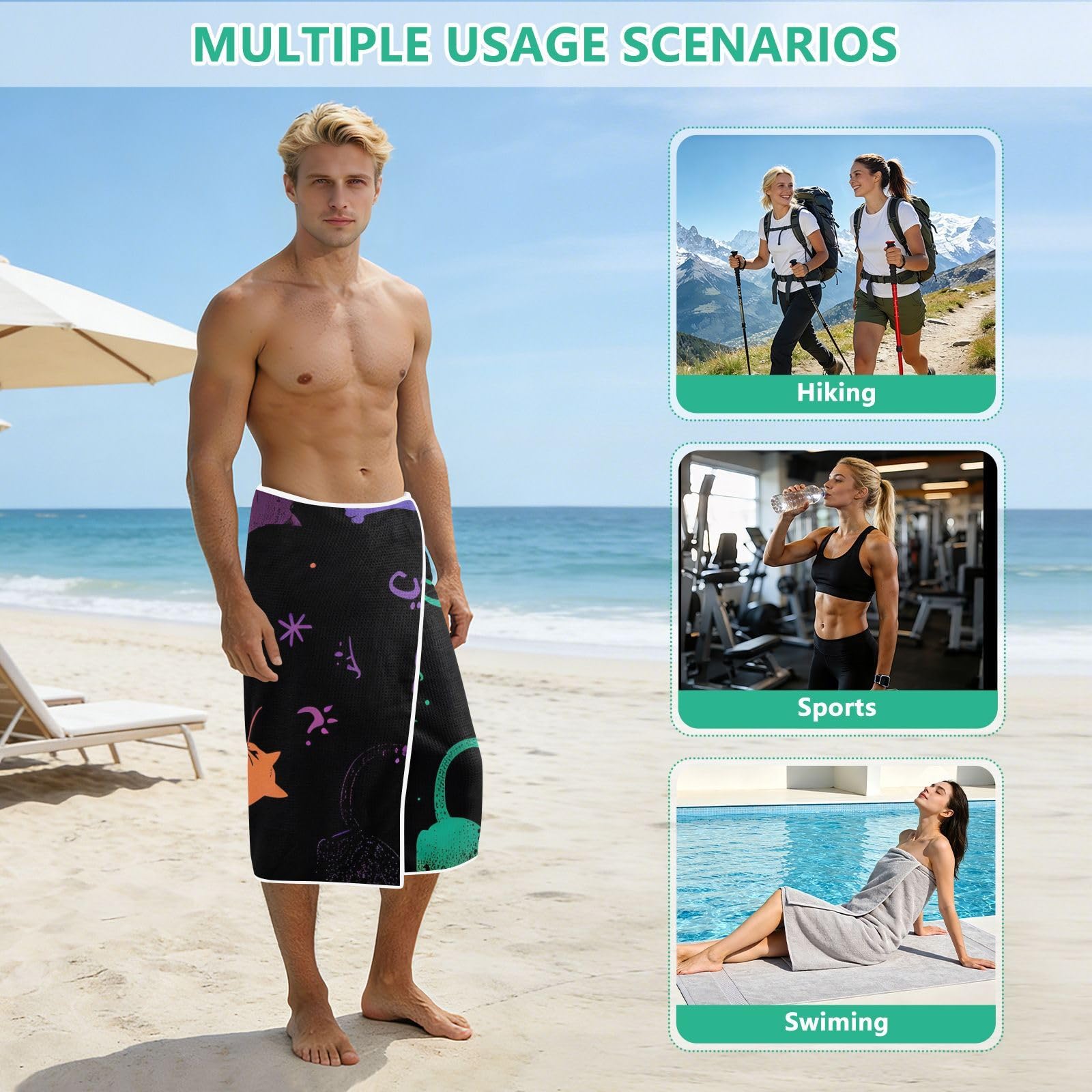 Grande serviette de plage avec sacs en maille pour adultes, chats magiques et pattes – Serviette de bain colorée avec fermeture magnétique, anti-sable, absorbante à séchage rapide pour piscine