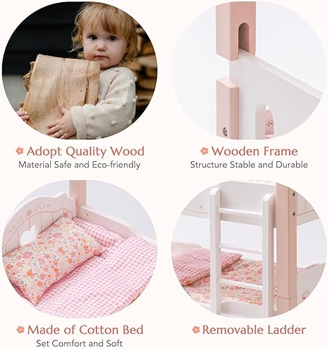 Miniatura 5 de ROBUD Cuna de muñeca de bebé, camas de madera para muñecas de 20 pulgadas, literas de muñeca con tul, cama de muñeca americana para regalos, rosa