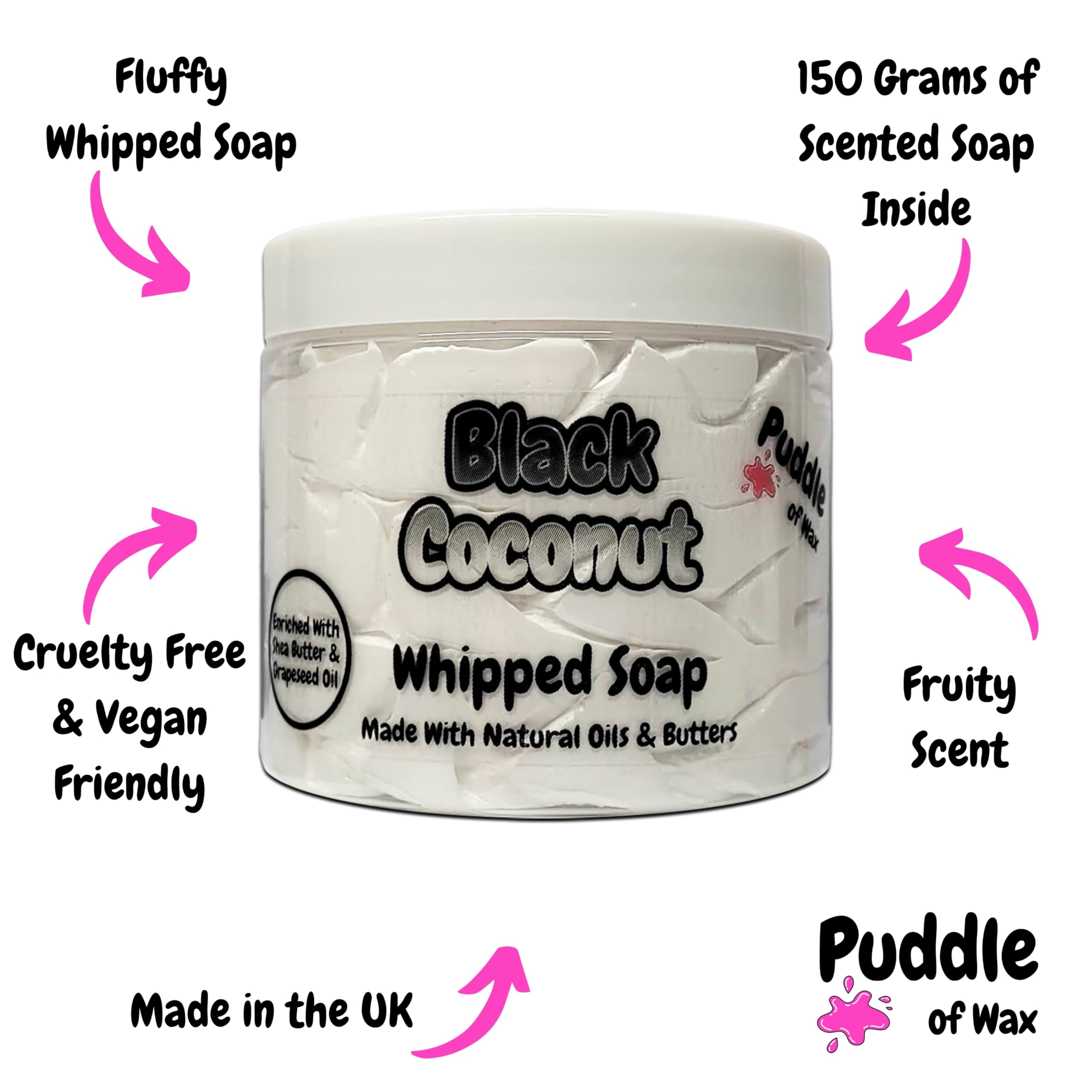 Black Coconut Whipped Soap Body Wash - 150g - Natural Oils and Butters - Fruity Scent - Vegan Friendly - Puddle of Wax - Made in the UK - Image 3