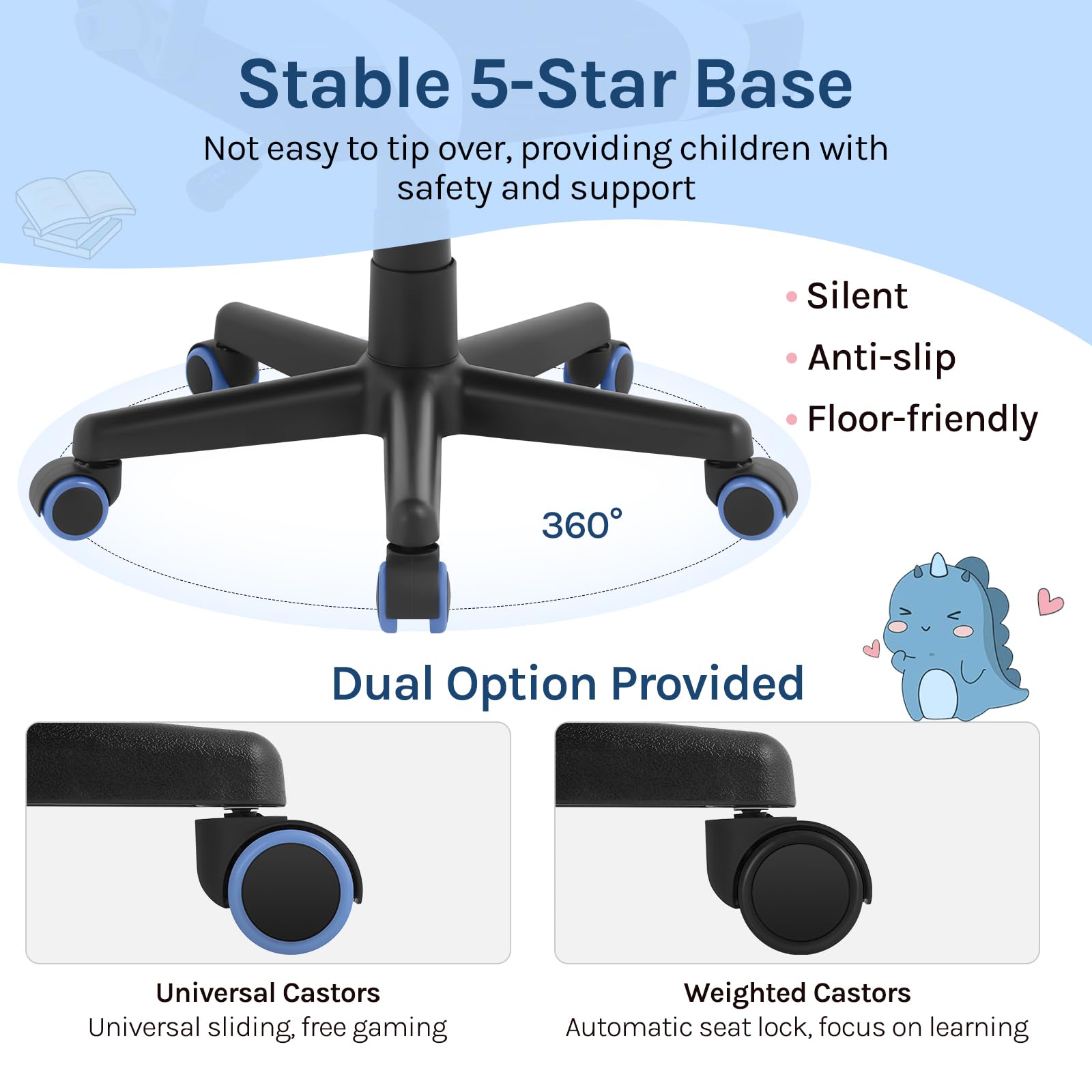 WOLTU Silla Gaming Infantil, Silla Escritorio Ergonómica con Respaldo y Reposabrazos, Sillón de Estudio para Habitación Infantil, con Ruedas Sustituidas, Tela de Malla, Dinosaurio Azul