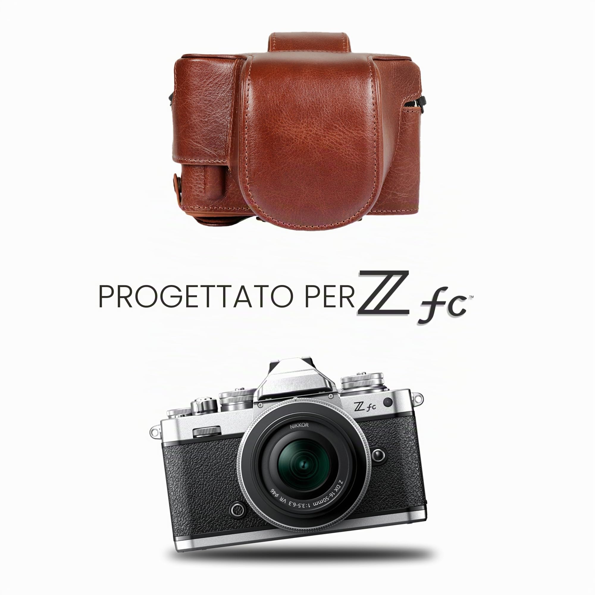 MegaGear Custodia per fotocamera in vera pelle sempre pronta compatibile con Nikon Z fc (16-50mm) (Marrone)