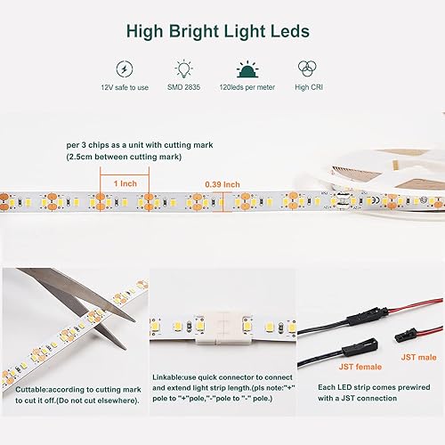 Miniatura 3 de VST Tira de luces LED de color blanco cálido, 120 LEDsm, 1000 lmM, 9.6 WM, CRI 90+, cinta LED de 12 V 2835 cortable, conectable, tiras LED