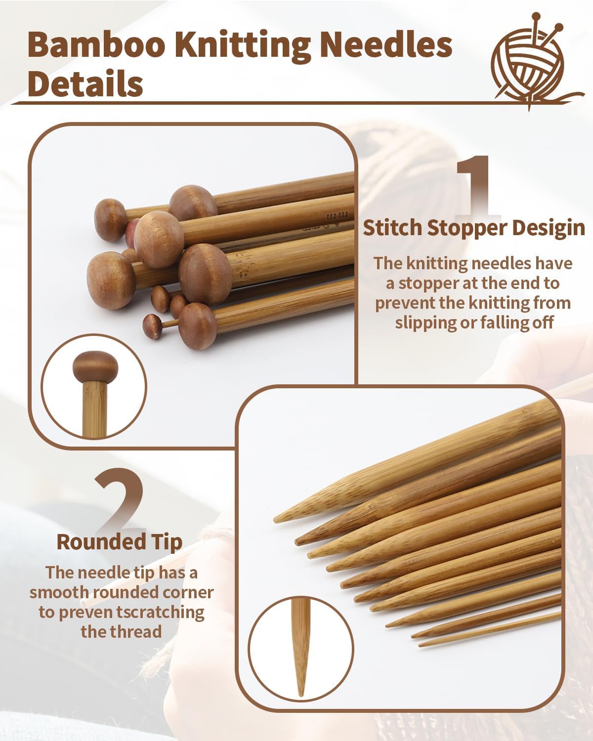 Bamboo Knitting Needles Set - 18 Needles + 6 Stitch Holders -4