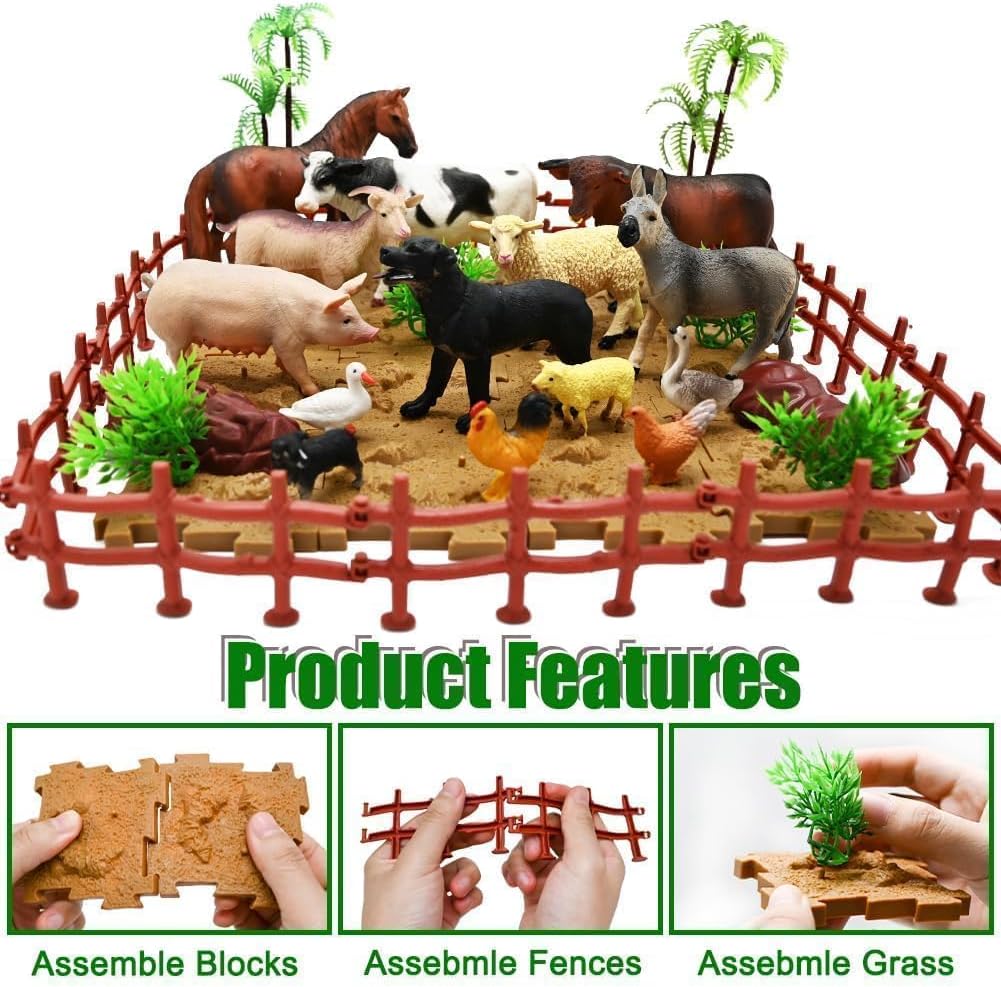BOLZRA Farm Animal Figurines, Realistic Plastic Animals Toys with Fences Building Blocks, Farm Figures Playset Educational Christmas Birthday Gift for Kids & Toddlers, 53 PCS