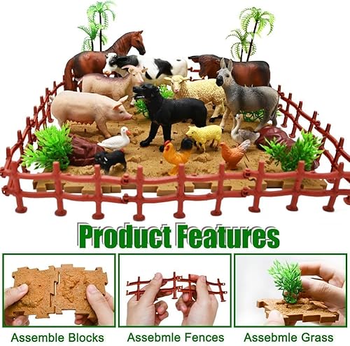 Miniatura 4 de BOLZRA Figuras de animales de granja, juguetes realistas de animales de plástico con bloques de construcción de vallas, juego de figuras de granja