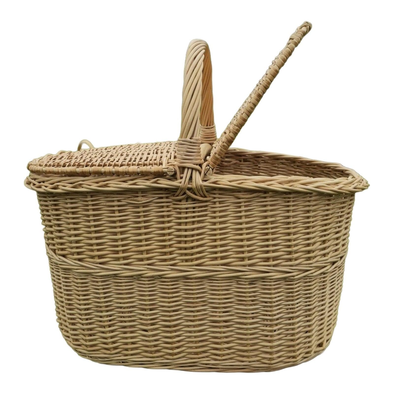 Cesta de pícnic de mimbre sin pelar con tapas dobles, 52 x 33 cm, dorada