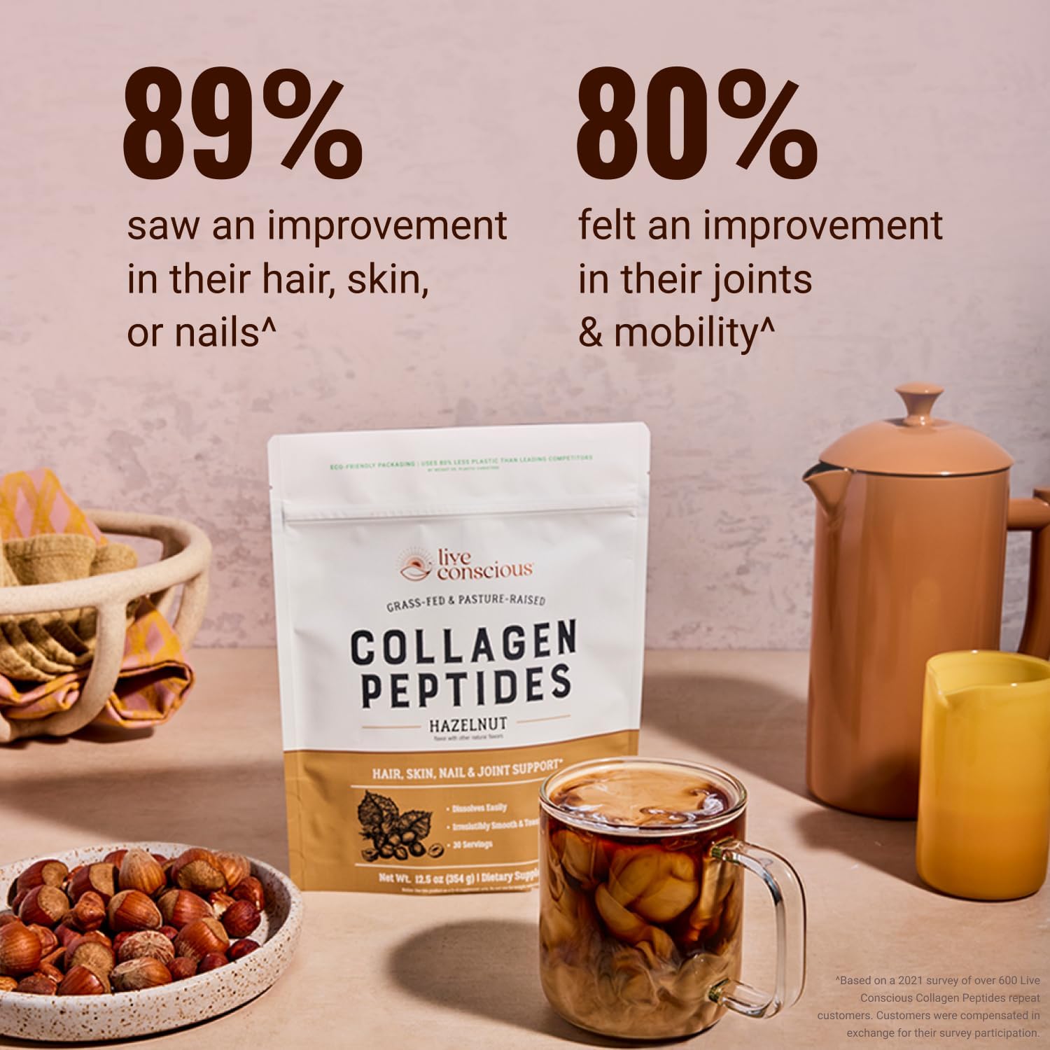 Live Conscious Collagen Peptides Powder - Hazelnut Collagen Powder - Hair, Skin, Nail, & Joint Support - Type I & III Grass-Fed Collagen Supplements for Women and Men - 30 Servings (2-Pack) - 12.4oz - Image 3