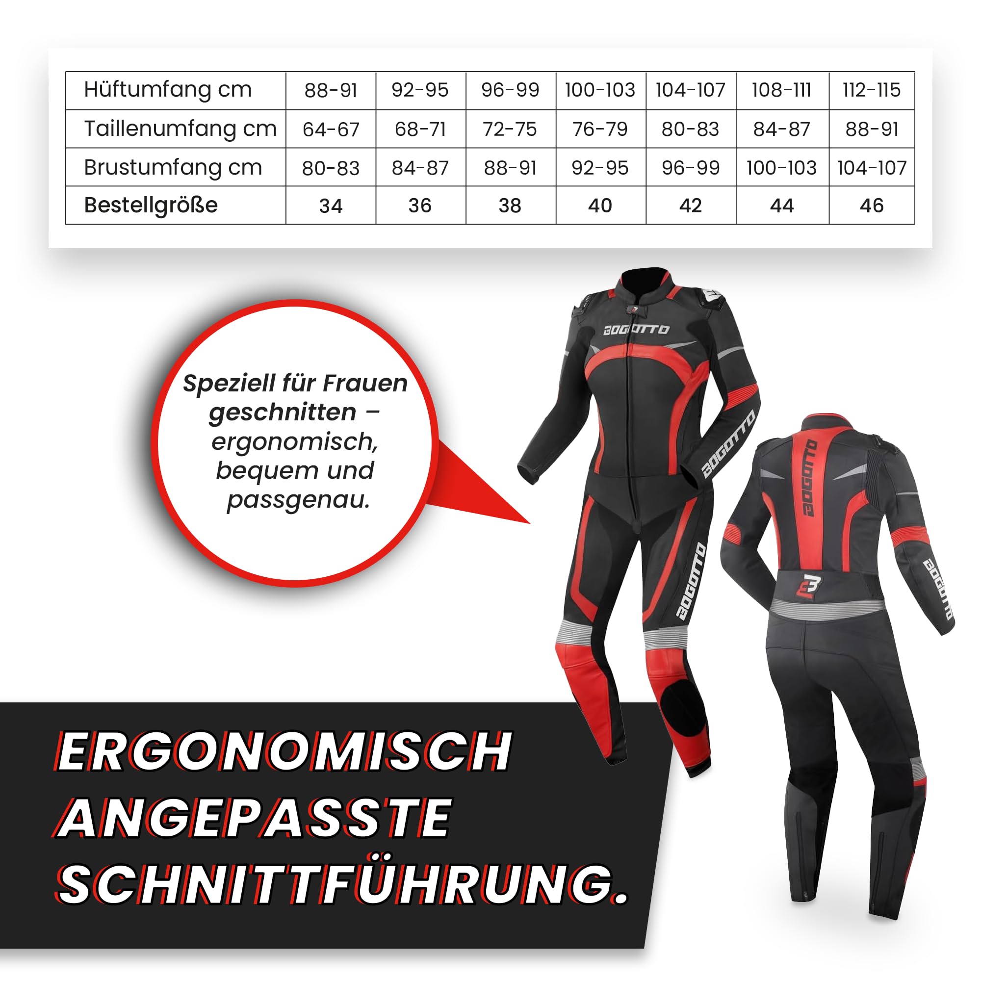 Bogotto Misano 2-Teiler Damen Motorrad Lederkombi, schwarz/weiß, 46