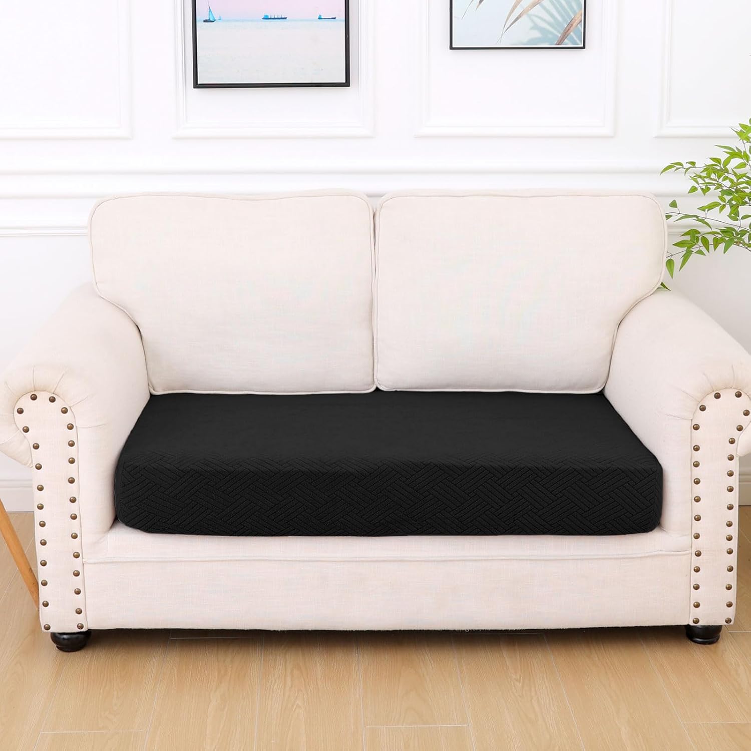 hyha Waterproof Couch Cushion Covers, Stretch Magic Sofa Seat Slipcover, Waterproof Sectional Couch/Sofa Cushion Covers for Pets Washable with Elastic Bottom(Medium, Black)