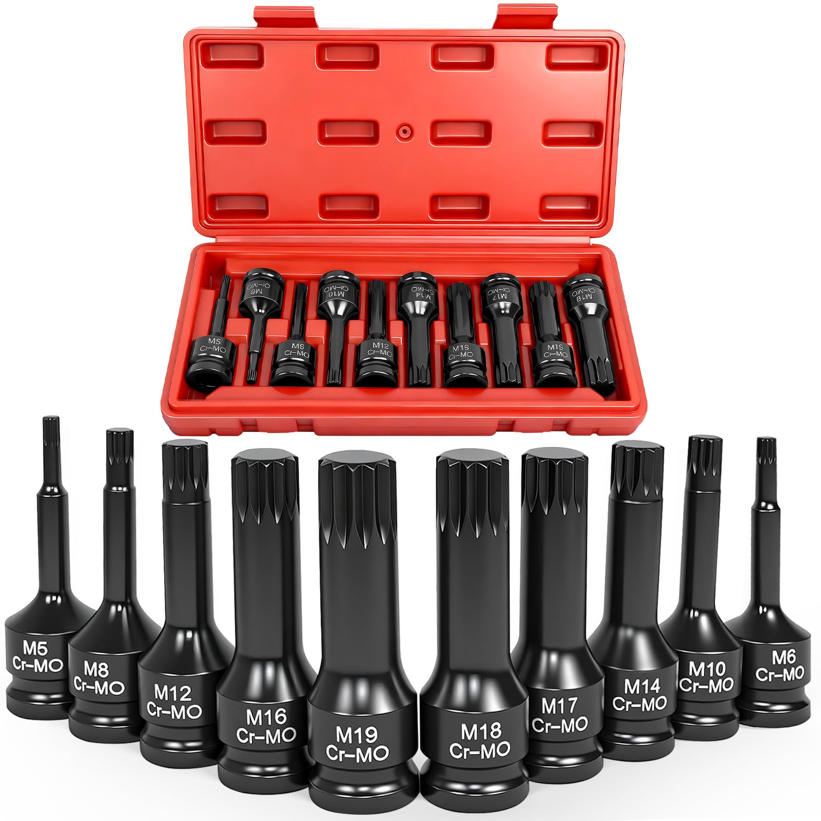 10-częściowy zestaw kluczy nasadowych XZN 1/2", wielozębowy zestaw nasadek 1/2" M5, M6, M8, M10, M12, M14, M16, M17, M18, M19 do klucza dynamometrycznego, klucza grzechotkowego
