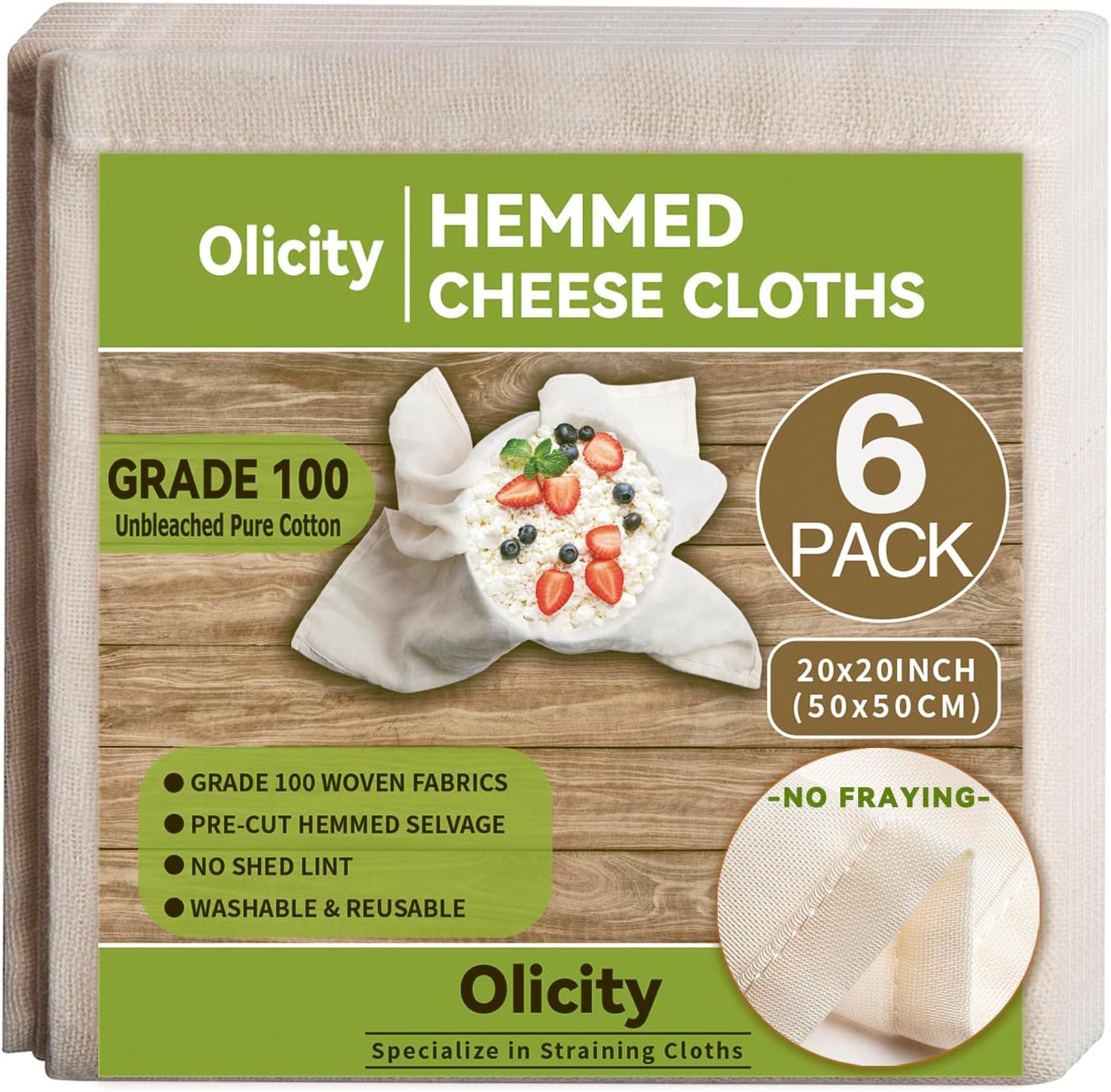 Olicity Cheese Cloths, 6Pack, 20x20Inch Hemmed Cheese Cloth Fabric Reusable | 100% Cotton Unbleached Precut Fine Mesh Cloth Grade 100 Muslin Cheesecloth for Straining, Cooking, Yogurt, Juicing