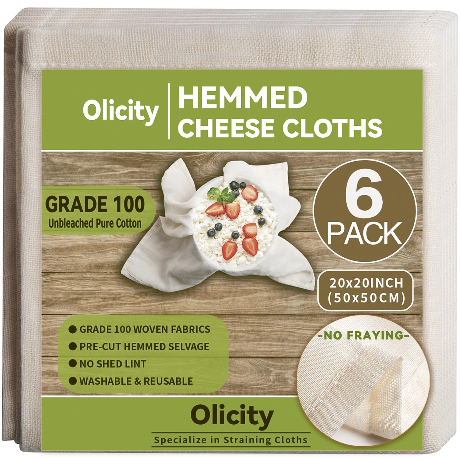 Olicity Cheese Cloths, 6Pack, 20x20Inch Hemmed Cheese Cloth Fabric Reusable