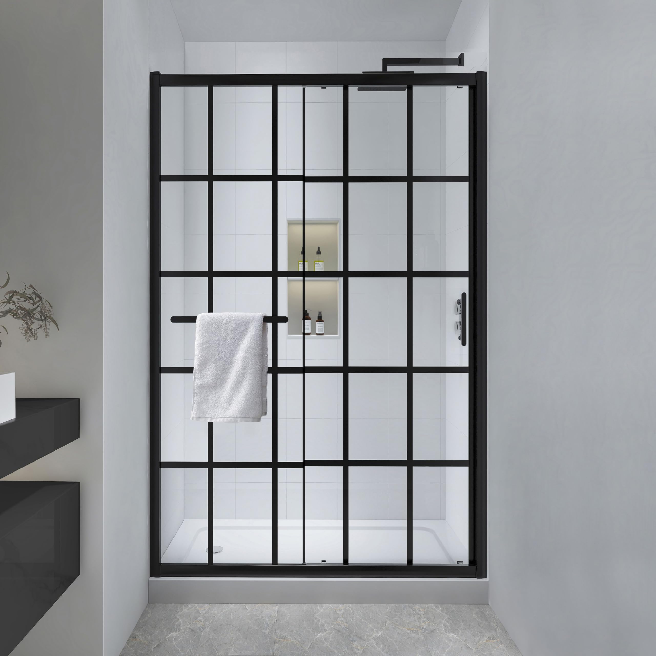 44-48" W x 72" H Framed Grid Pattern Single Sliding Shower Door with 1/4" (6mm) Clear SGCC Tempered Glass in Matte Black Finish, Reversible Installation