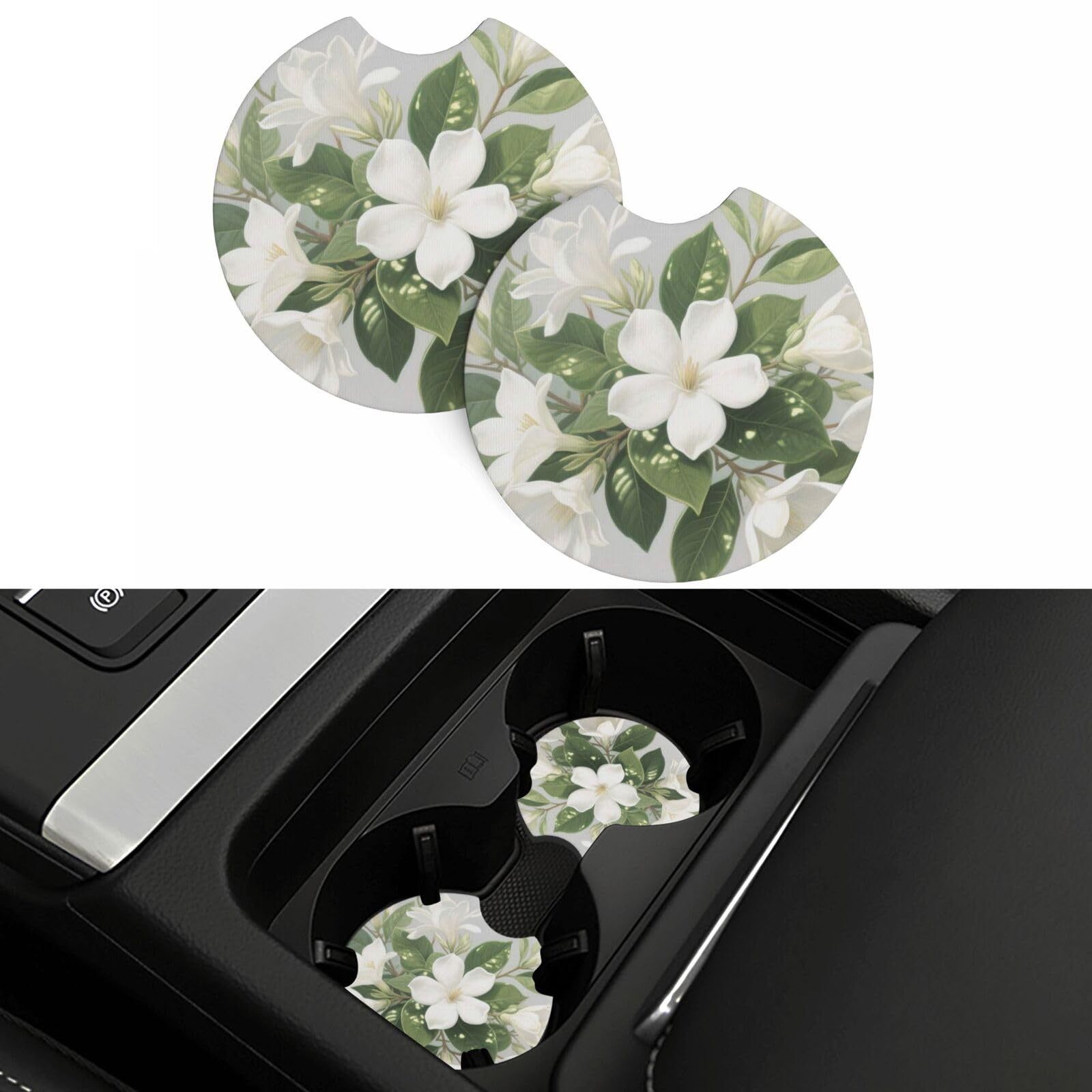 2 Pack Car Coasters,2.7" Universal Car Cup Holder Coasters Non-Slip Neoprene Cup Pad Mat Coaster Car Interior Accessories for Women Men White Floral Green Leaf