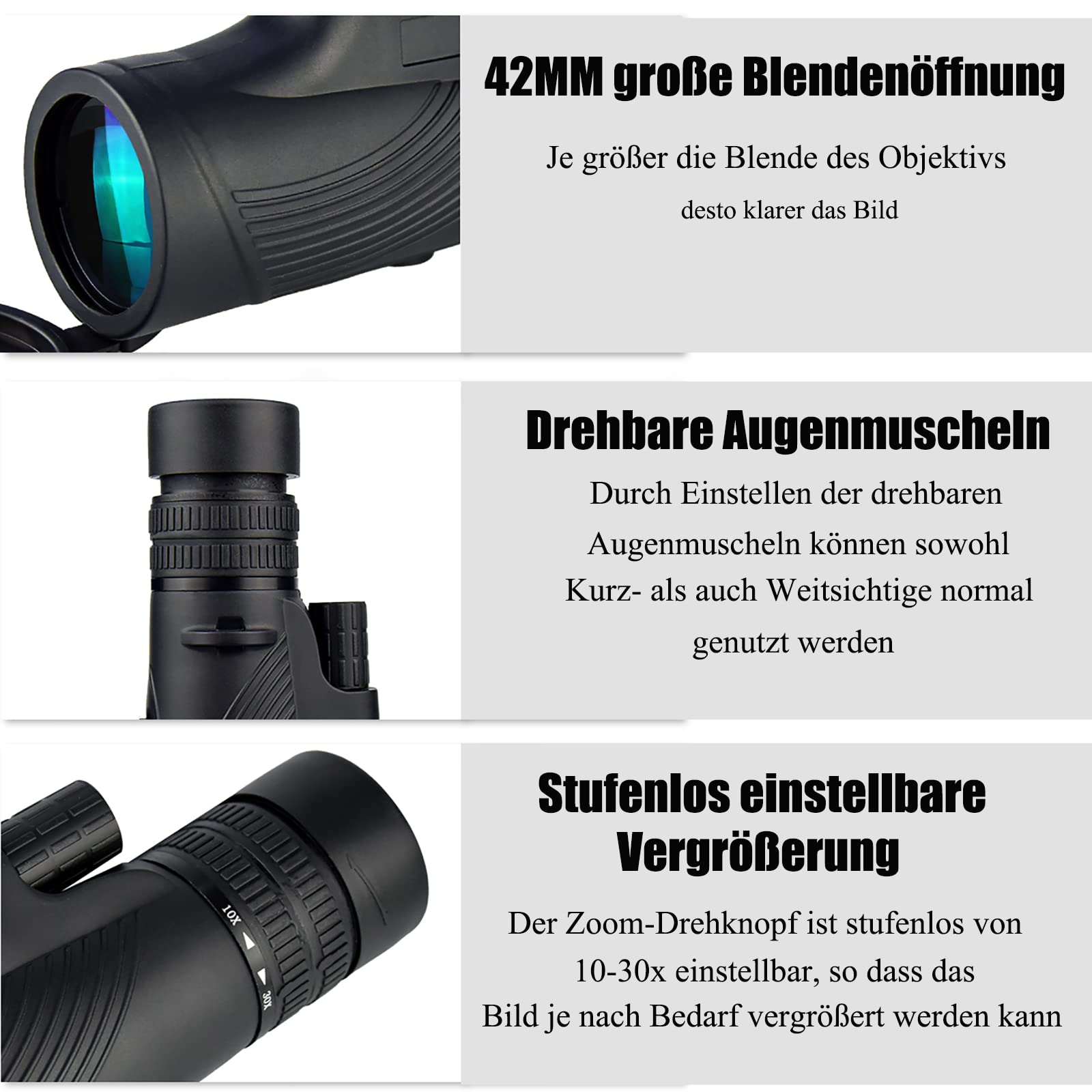 Monoculaire monoculaire zoom 10-30x avec prisme BAK4 FMC pour adulte avec support et trépied Vision basse lumière claire pour l'escalade, les jeux de ballon, les concerts