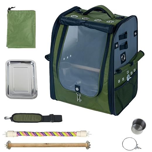 Birds Day Bird Carrier Backpack-Parrot Travel Cage with 2PCS Perch and Food Bowl, Stainless Steel Tray (Dark Olive Green)