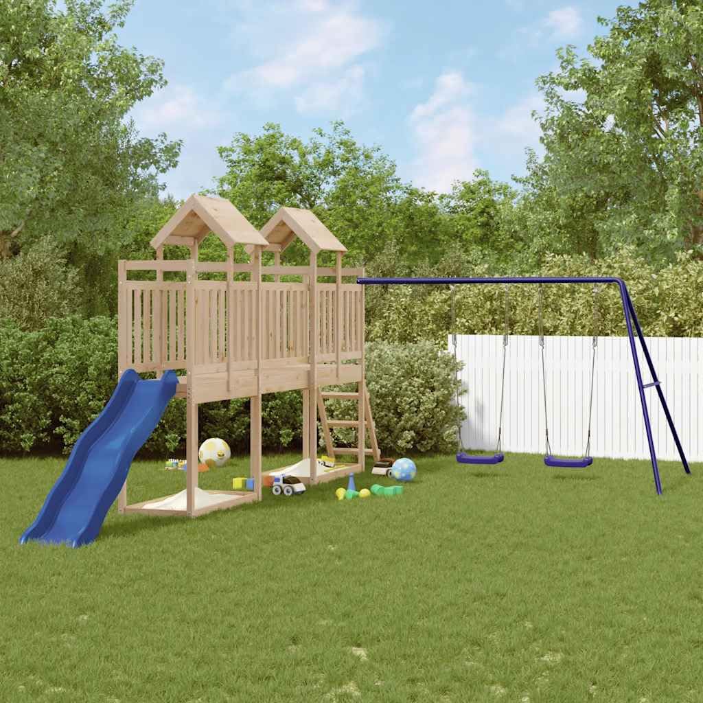 Spielturm Massivholz Kiefer Klettergerüst mit Wellenrutsche, Doppelschaukel, Sandkasten und Leiter für Kinder 3-8 Jahre, Garten Spielhaus Outdoor mit stabilem Holzgestell und