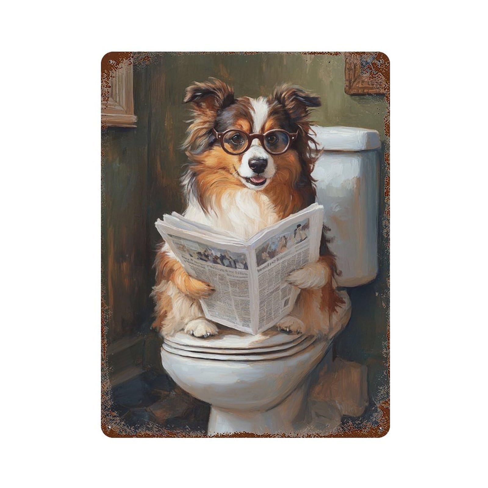 Garage Style Dog Reading Newspaper on Toilet-57 Rustic Tin Plaque 15.7"x11.8", Farmhouse Wall Decor for Bar And Workshop