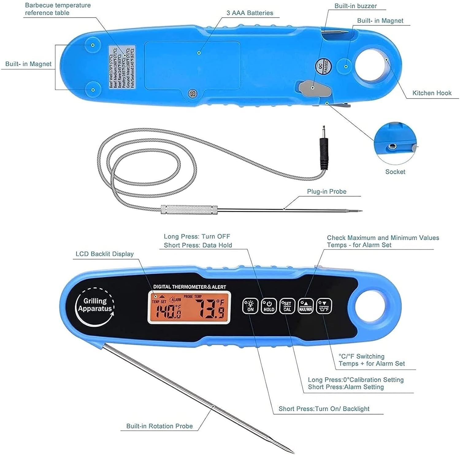 Meat Thermometer Instant Read,Kitchen Cooking Food,for Milk BBQ Grill Oven