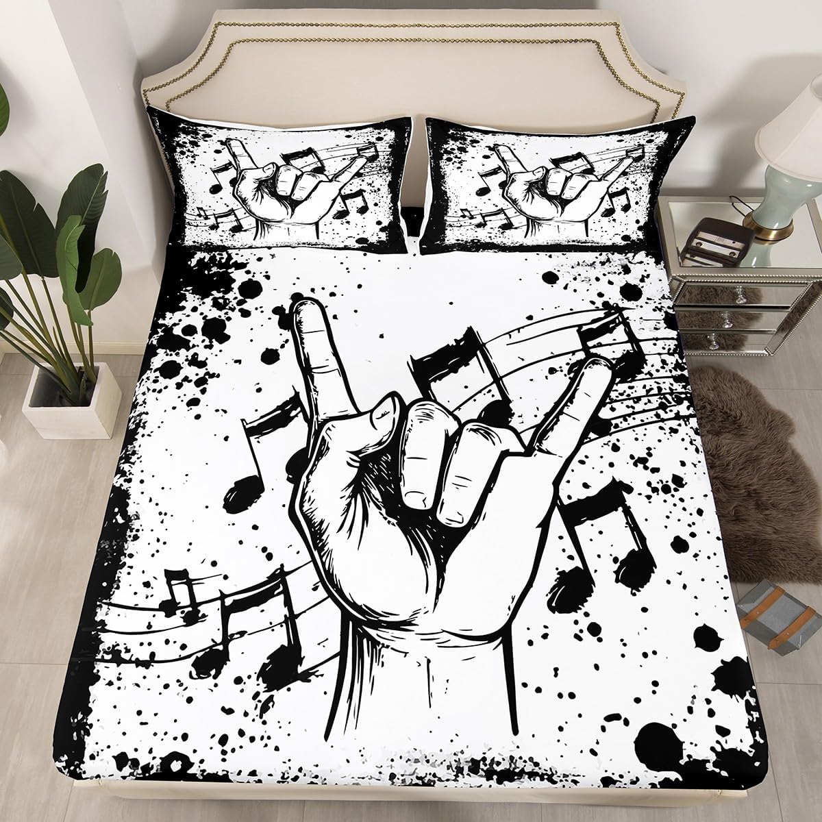 Erosebridal Acoustic Guitar Bed Sheets Vintage Instrument Fitted Sheet Full Size, Rustic Farmhouse Sheets Western Cowboys Hat Bedding, Wooden Lodge Cabin Bed Cover Microfiber (Deep Pocket)