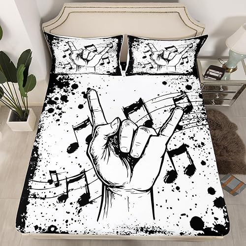 Miniatura 3 de Erosebridal Juego de sábanas con temática musical de música rock, tamaño Queen, juego de sábanas con estampado de notas musicales, juego de sábanas
