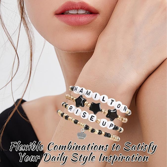 4 PCS Hamilton Musical Bracelet Set, Elegant Hamilton Merch, Gifts for Music Lovers, Black Gold Wristband with Card, Accessories for Concert, Theater Fans