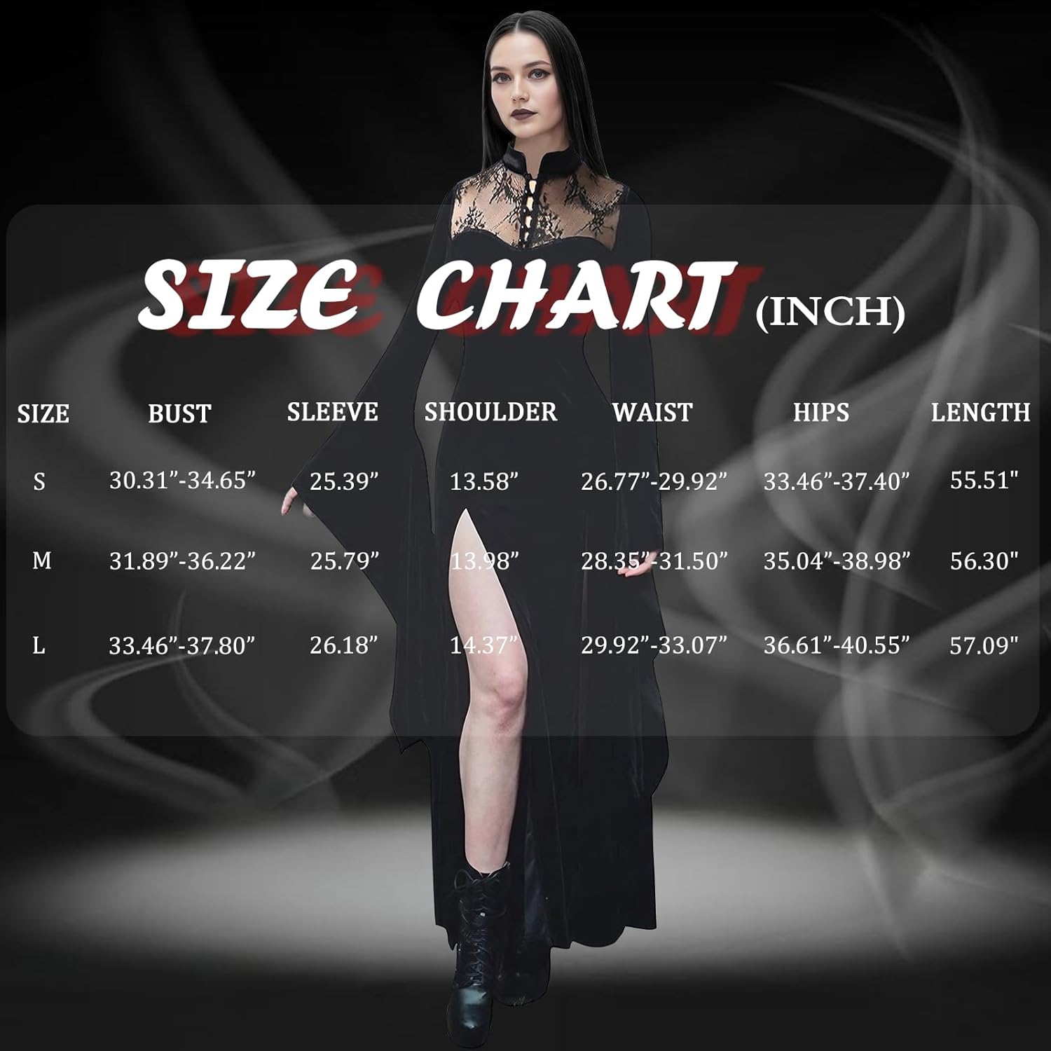 Halloween Costumes Women Long Flare Sleeve Gothic Dress Black Lace Split Goth Vintage Dress