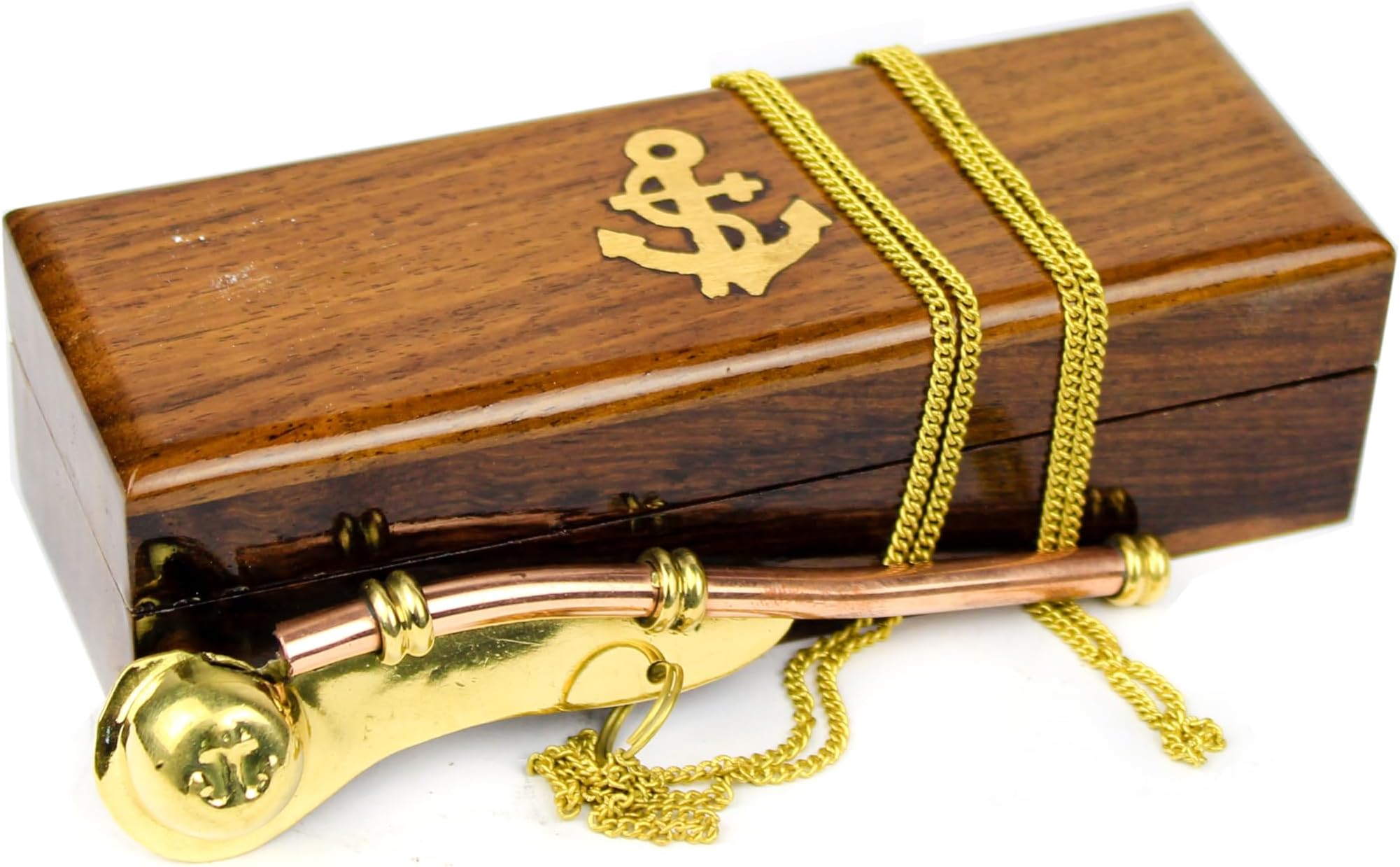 Boatswain's Brass Crafted Bosun's Pipe Whistle With Chain & Handcrafted Rosewood Anchor Inlayed Case | Pirate's Decor Collection | Maritime Decor | Nagina International (Brass Polished W/Box)