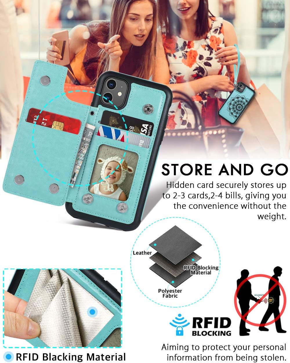 CASEOWL iPhone 11 Case,iPhone 11 Wallet Case with Card Holder,RFID Blocking,Kick Stand,Wrist Strap,Fit Magnetic Car Mount,Mandala Embossed Leather Back Flip Cover Case for iPhone 11(2019),Turquoise