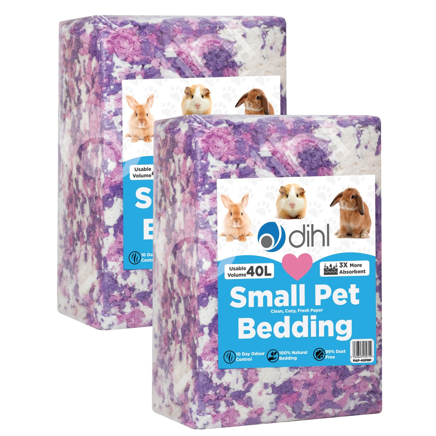 Dihl 80 Litre, Purple, Pink & White, Super Absorbent Paper Bedding for Small Animals. Absorbs 6 Times its Weight in Liquid. Hamster, Mice, Rat, Rabbit, Guinea Pig Gerbil Cage Substrate – 2x 40L Packs