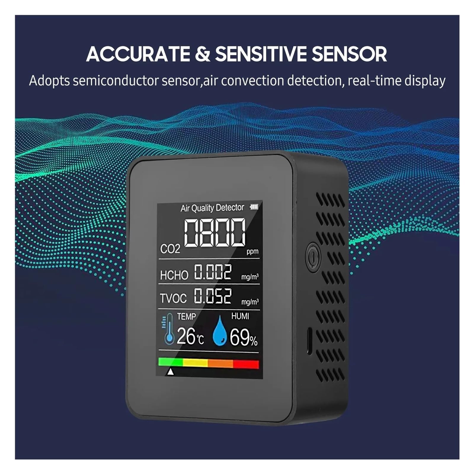 Monitor Della Qualità Aria 5 In 1 Rilevatore Di CO2 For Interni Formaldeide HCHO TVOC Tester LCD Umidità Temperatura Allarme Misuratore(Black)