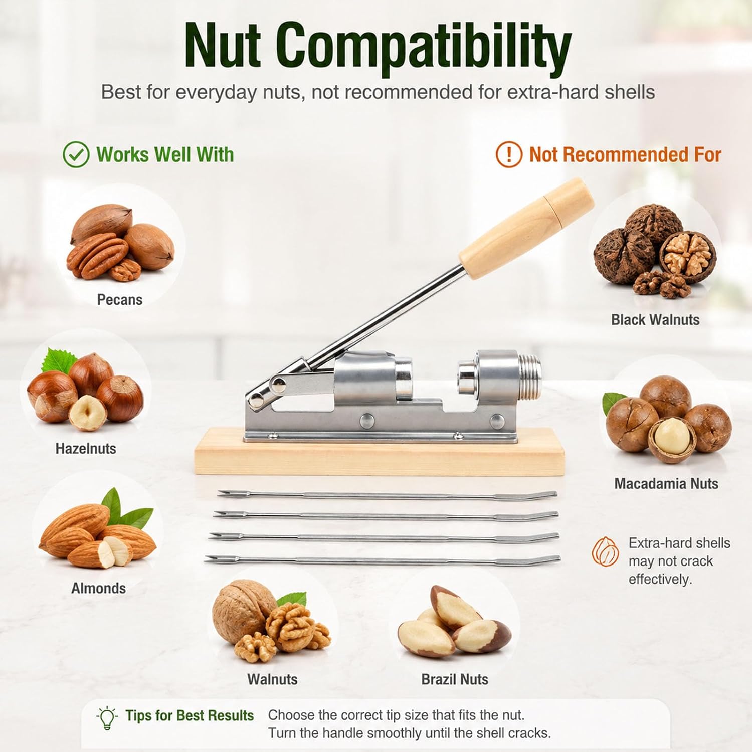 ​​Nutcracker Heavy Duty Nut cracker Tool, Manual Macadamia Opener Tongs for Pecans Walnuts Chestnuts with Wooden Base, 4 picks included