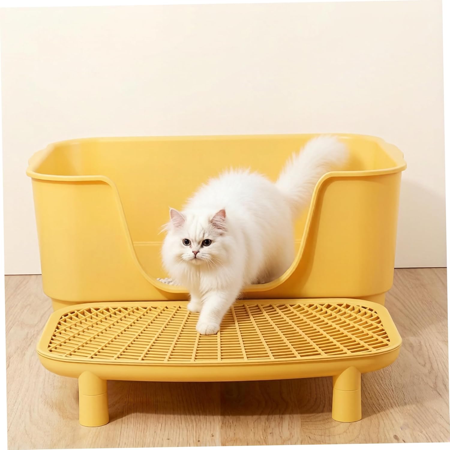 Litter Box Ramp Large Litter Box Step with Removable Tray | Cat Catcher Mat with Adjustable Feet for Easy Entry, Yellow
