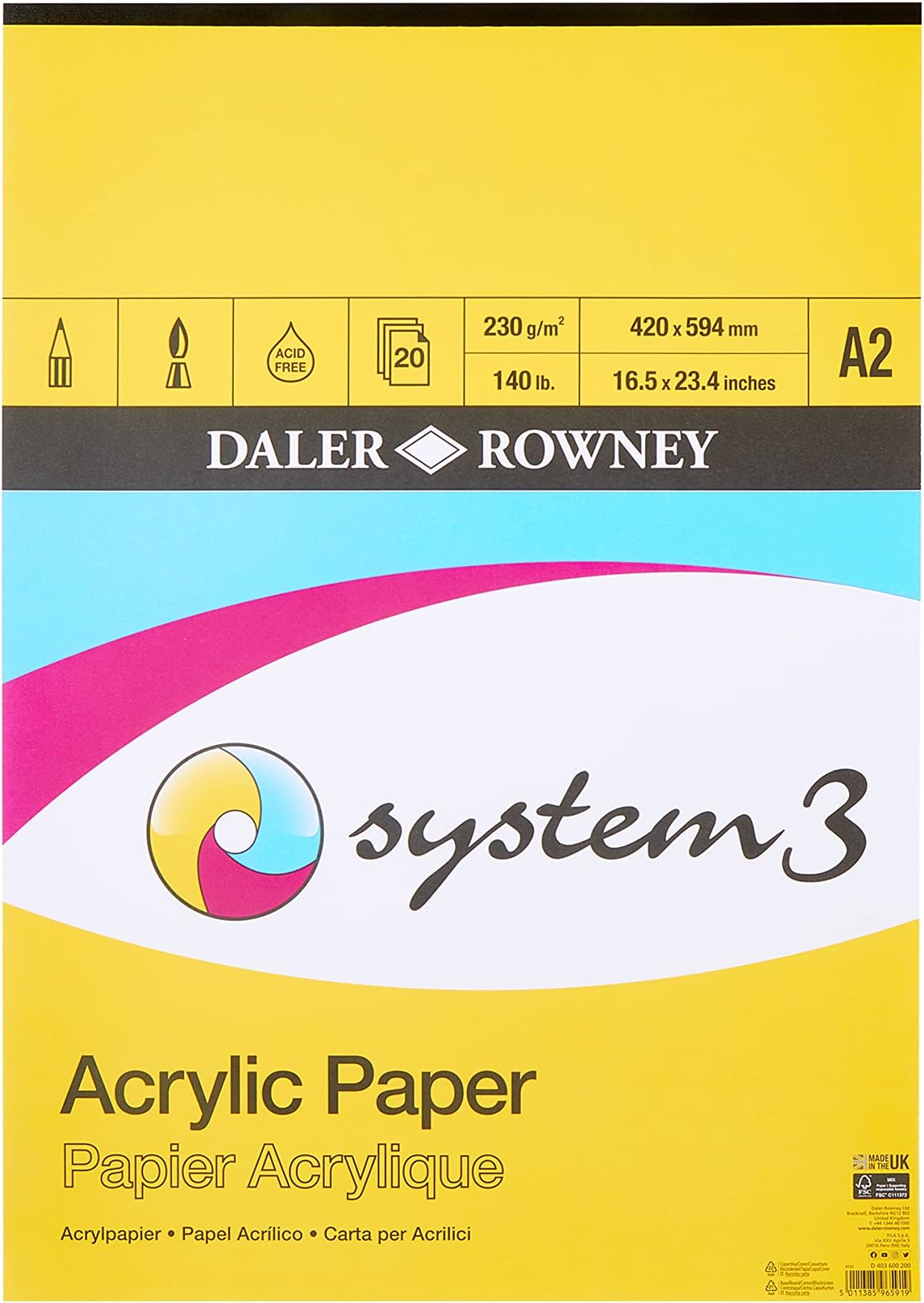 Daler-Rowney System3 Acrylic Pad A2 – 230gsm, 20 Sheets – Linen Textured Heavyweight Paper for Acrylic Painting