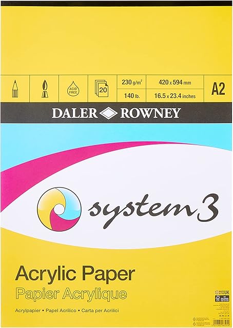 Daler-Rowney System3 Linen Texture 230gsm A2 Acrylic Paper Pad, Glued 1 Side, 20 White Sheets, Ideal for Professional Artists