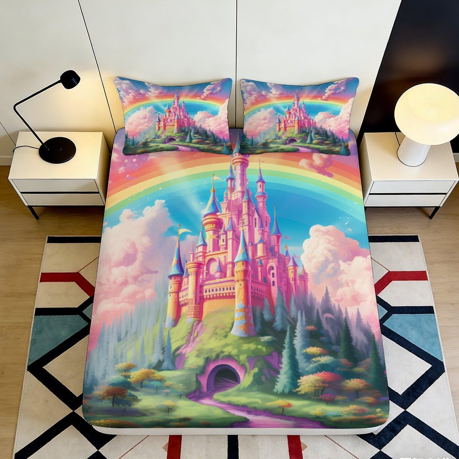 3D Printed Rainbow Castle Fitted Sheet Microfiber Soft Breathable Fantasy Bed Cover for Bedroom Dormitory Guest Room Mattress Protection 180x200x25cm