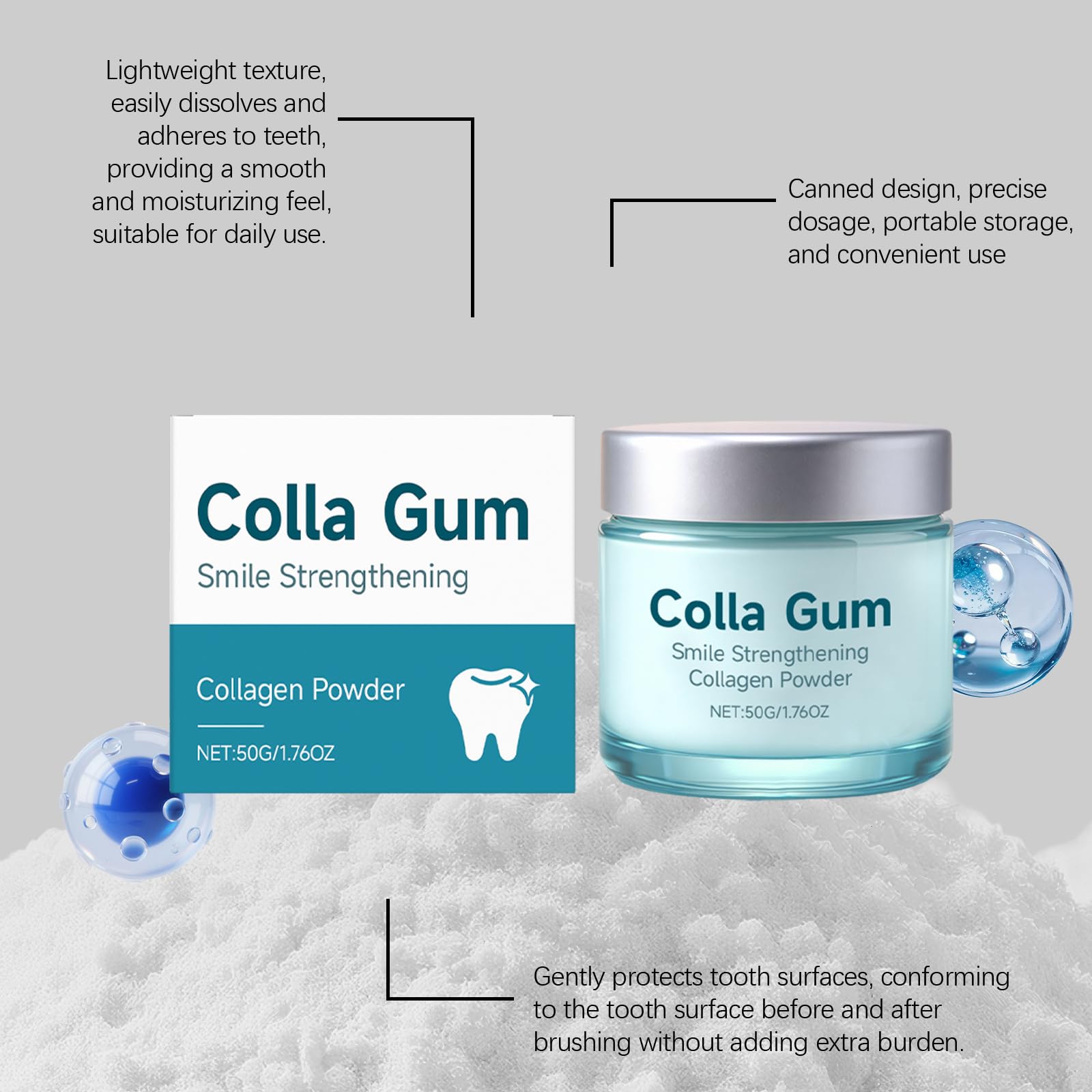 Polvere dentale al collagene Polvere sbiancante denti con idrossiapatite | polvere sbiancante denti idrossiapatite colla per dente cura dentale polvere texture mastice gum