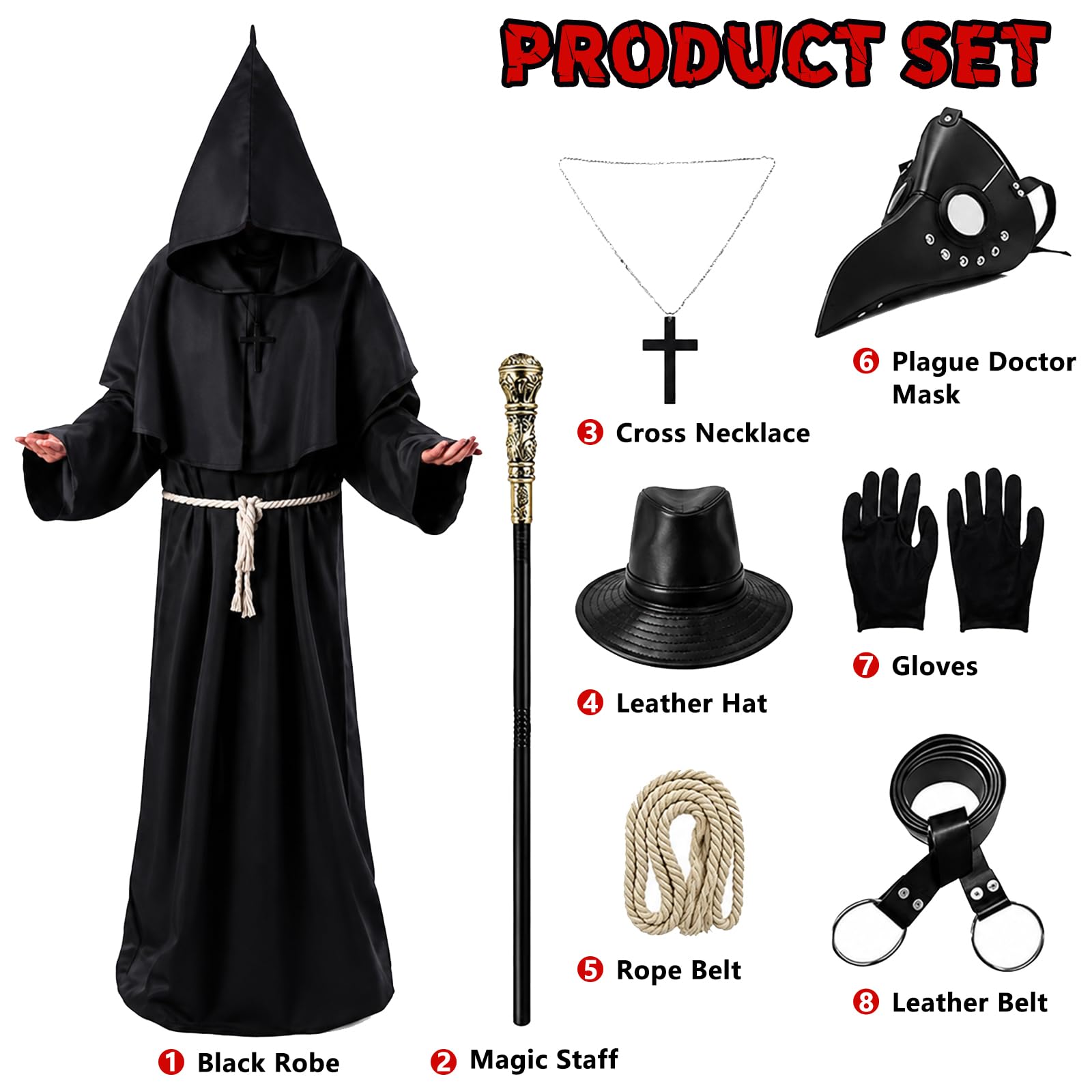 Pestdoktor Kostüm Herren, Plague Doctor Costume Erwachsene mit Maske, Zepter, Hut, Handschuhe, Halskette und Gürtel, Halloween Kostüm Herren, Pestarzt Kostüm für Halloween Karneval Cosplay