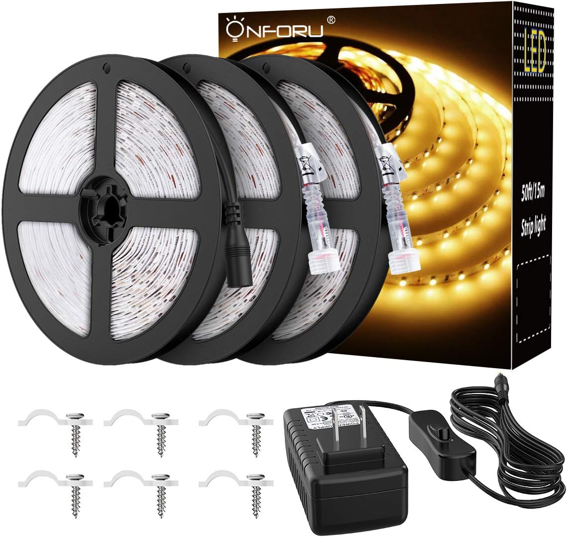 Onforu 49.2ft Waterproof LED Strip Lights, 2700K Warm White Tape Light, 15M 12V Flexible Ribbon Lights, 2835 LEDs Rope Light for Garden, Patio, Balcony, Party, Wedding, Indoor and Outdoor Decor