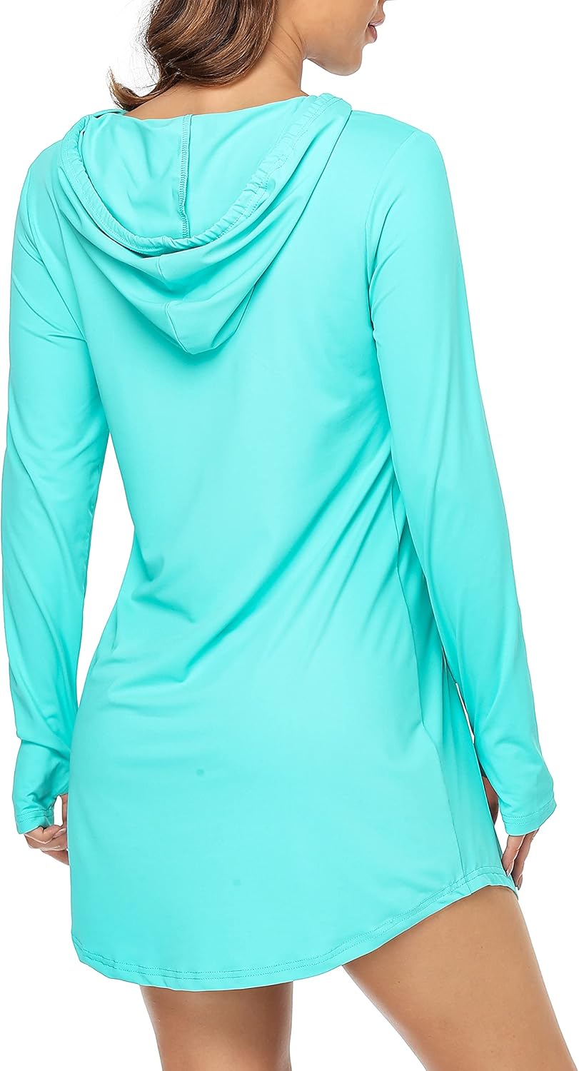 KORALHY Women's UPF 50+ Cover-Up Dress Quick Dry Sun Protection Beach Athletic Hoodies Shirts with Thumb Holes Pocket