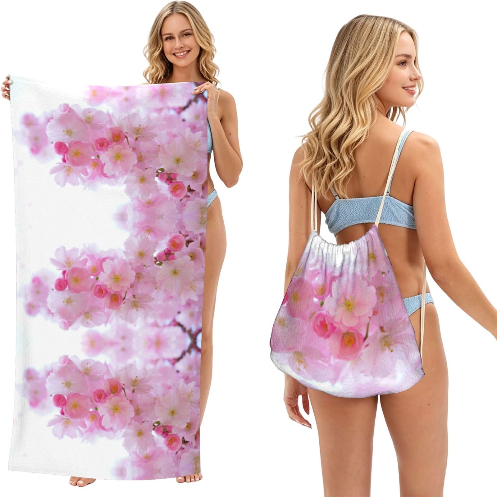 Ezdlowvba Black Pink Cherry Blossoms Print Beach Towel Backpack 2 In 1 Summer Large Lightweight Beach Towel - Multifunctional Ship Pattern Towel Bag For Storage,Sport