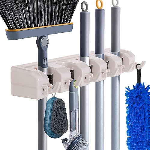 HYRIXDIRECT Soporte de pared para fregona y escoba resistente, organizador de herramientas de jardín, para fregona, suministros de limpieza para el