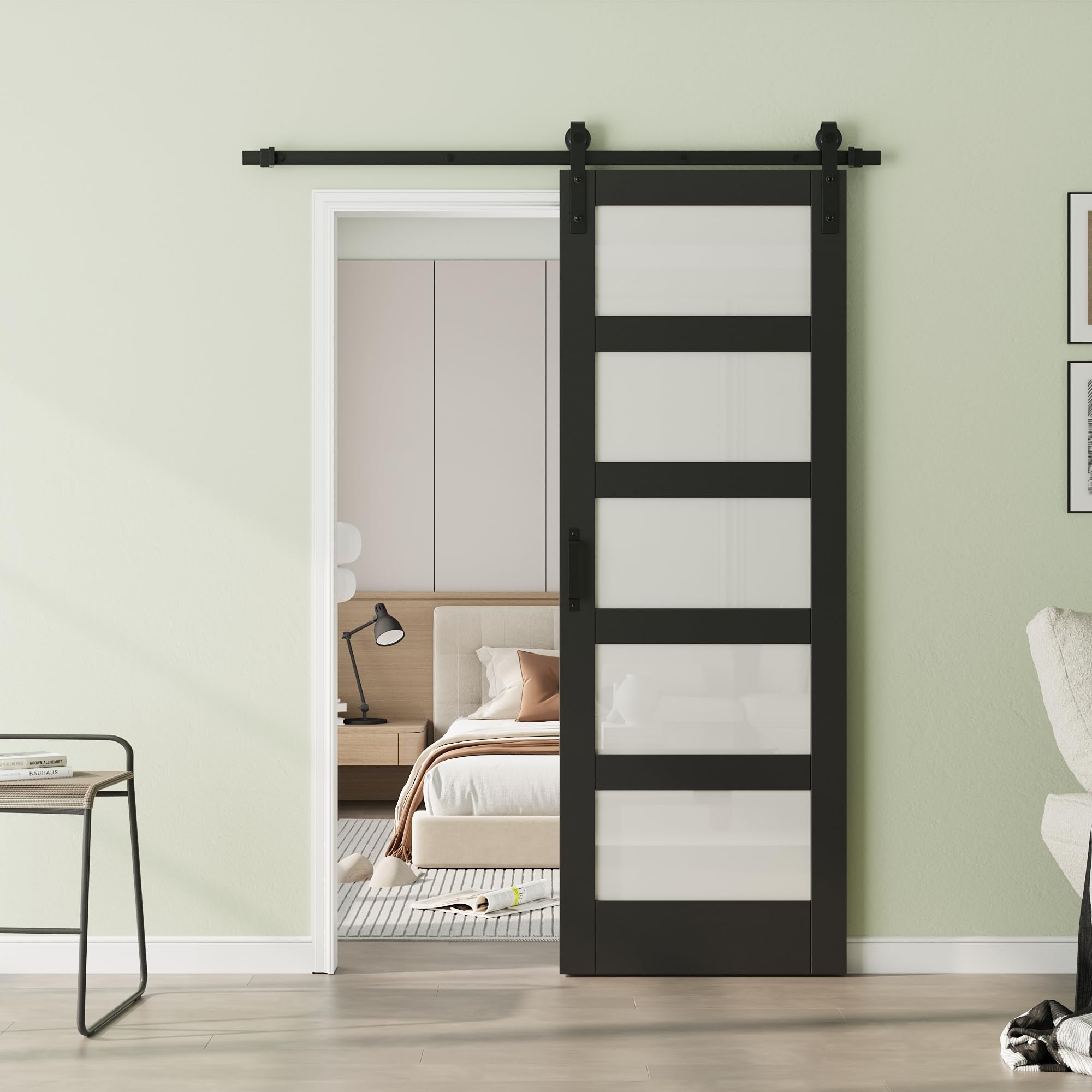30in x 84in Glass Sliding Barn Door with 6FT Barn Doors and Hardware Included, 5-Panel Frosted Glass, Water-Resistant PVC Coating, Pre-Drilled Easy Assembly, Black, Fit Opening 27''-30'' x 82''