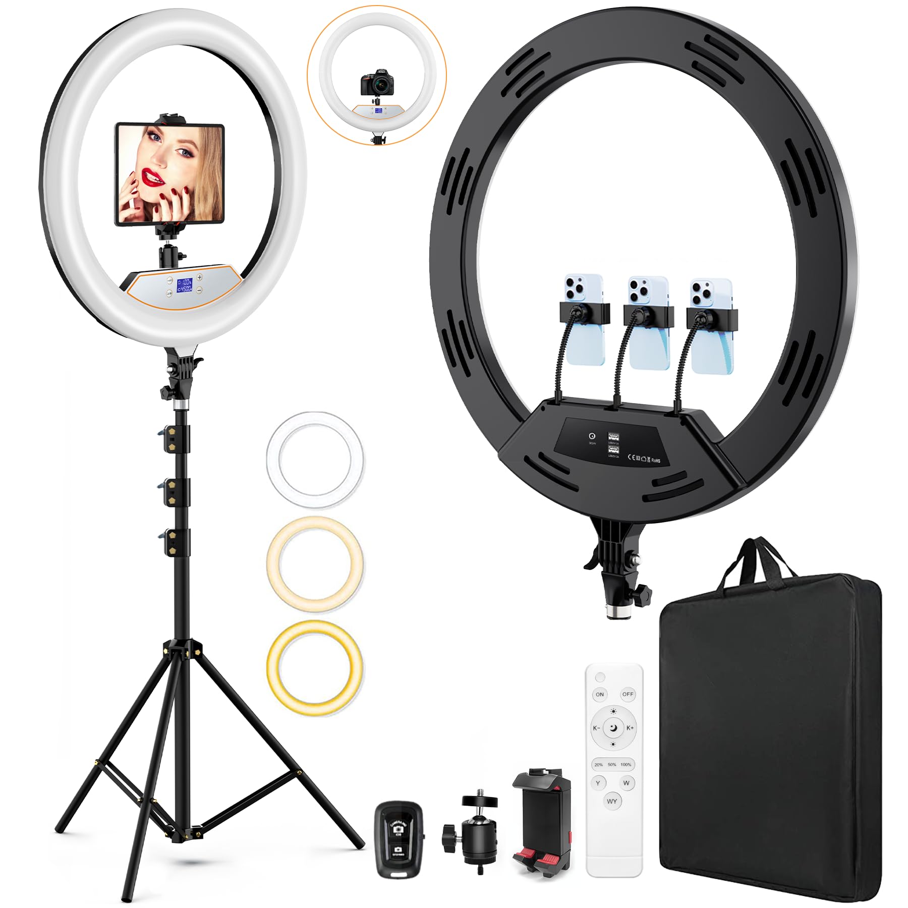 22-Zoll LED Ringlicht mit Stativ Dimmbar für iPhone/iPad mit Fernbedienung | 2600K-6500K Farbtemperatur, LCD-Display, Schwarz, Make-up, Selfie, Foto, YouTube, TikTok, Vlogging, Live-Stream, Tätowierer
