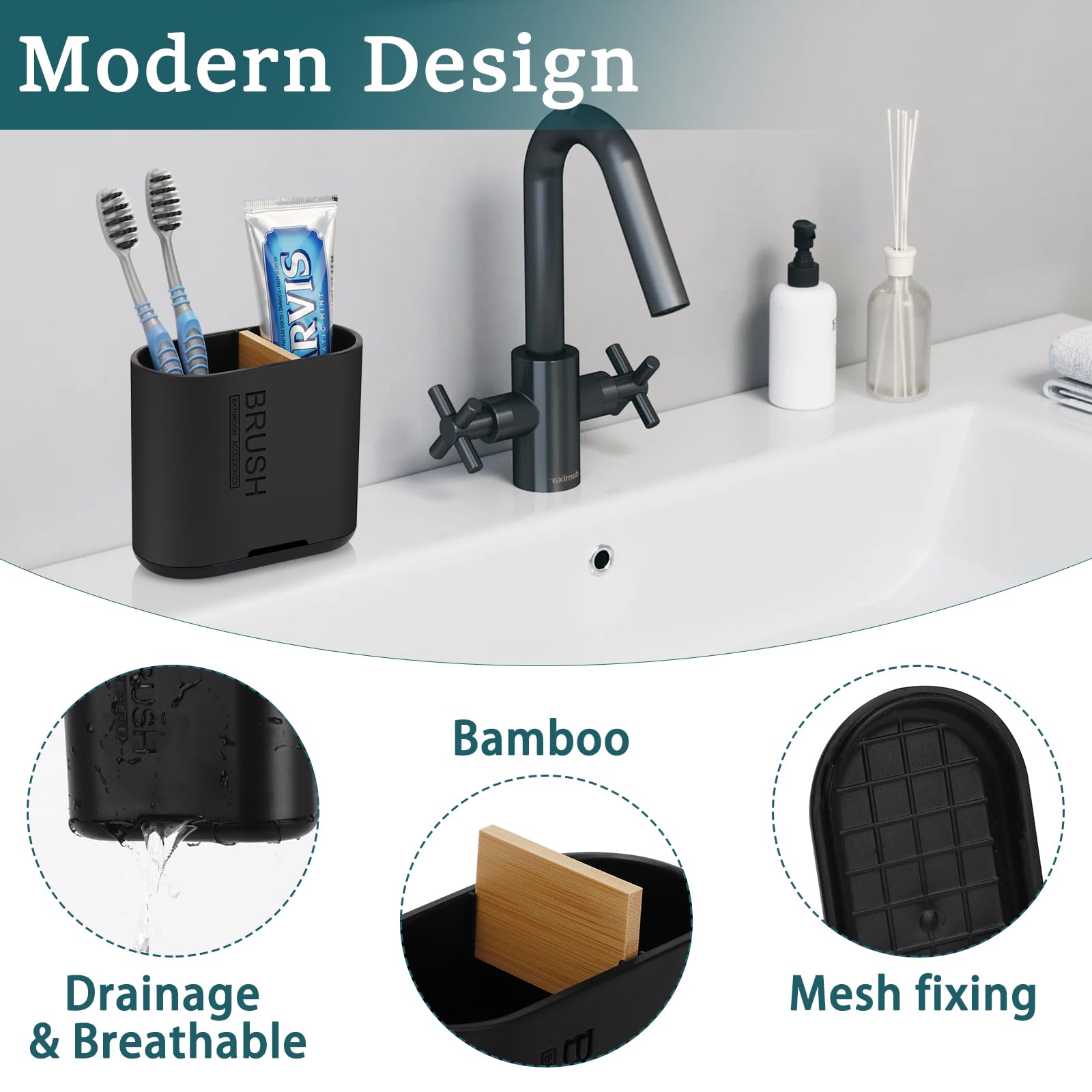 Chintu Soporte para cepillo de dientes y pasta de dientes con divisor de bambú para organizador de encimera de baño, desmontable para una fácil limpieza, 2 ranuras para cepillos de dientes eléctricos,