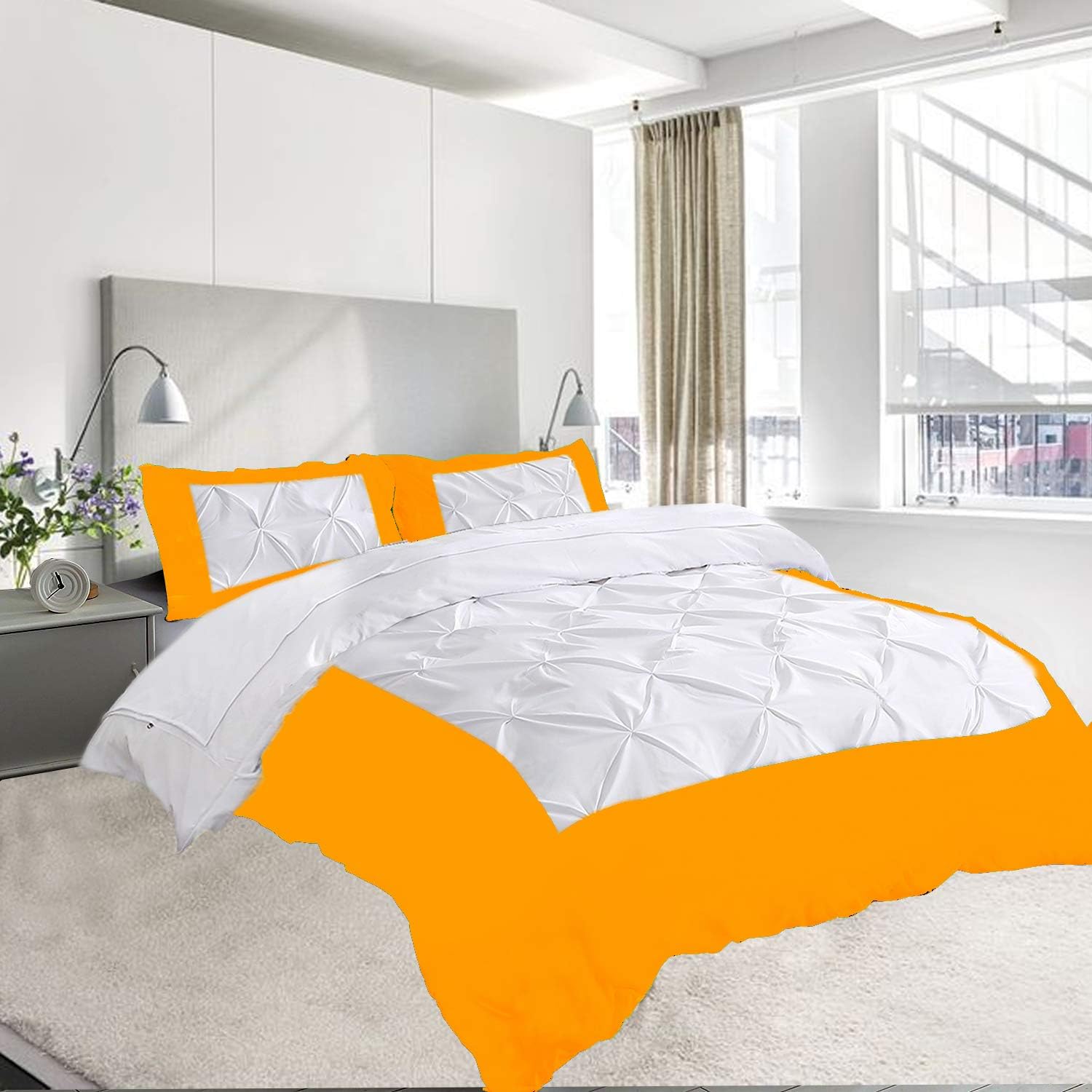 Two Tone Pinch Pleated Duvet Cover 100% Egyptian Cotton 600 Thread Count with Zipper & Corner Ties Tuffed Pattern Pintuck Decorative(ParrotGreen,Twin/Twin XL)