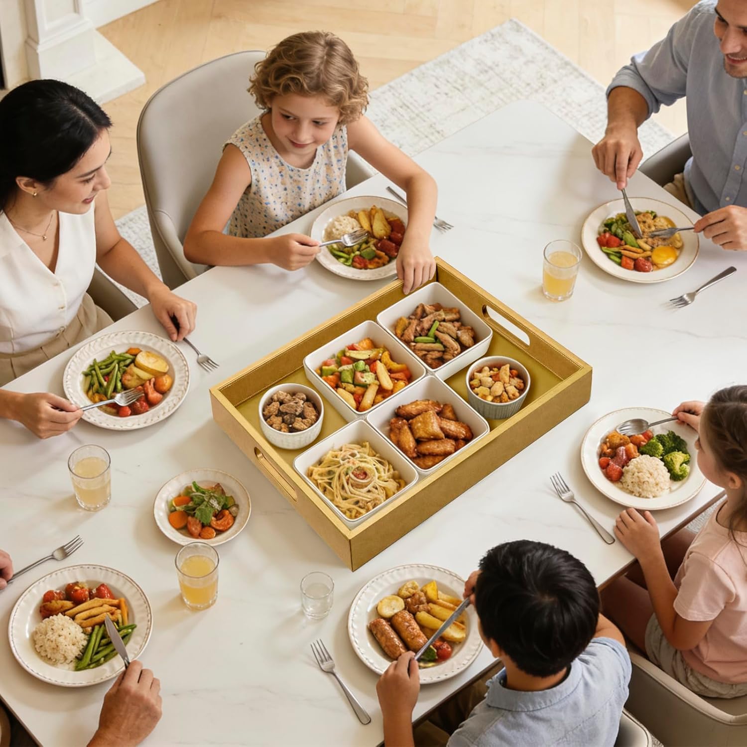 20 * 14 inches Leather Rectangle Serving Tray with Hole Handles,High-End Light Large Service Tray for Ottoman Tray, Tea, Food, Butler - Countertop, Kitchen,Family Dinner, Picnic (Brown) - Image 7