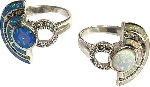 Art Deco Style Egyptian Wallace Simpson Ring with Gilson Opal and Marcasite Stone 925 Sterling Silver