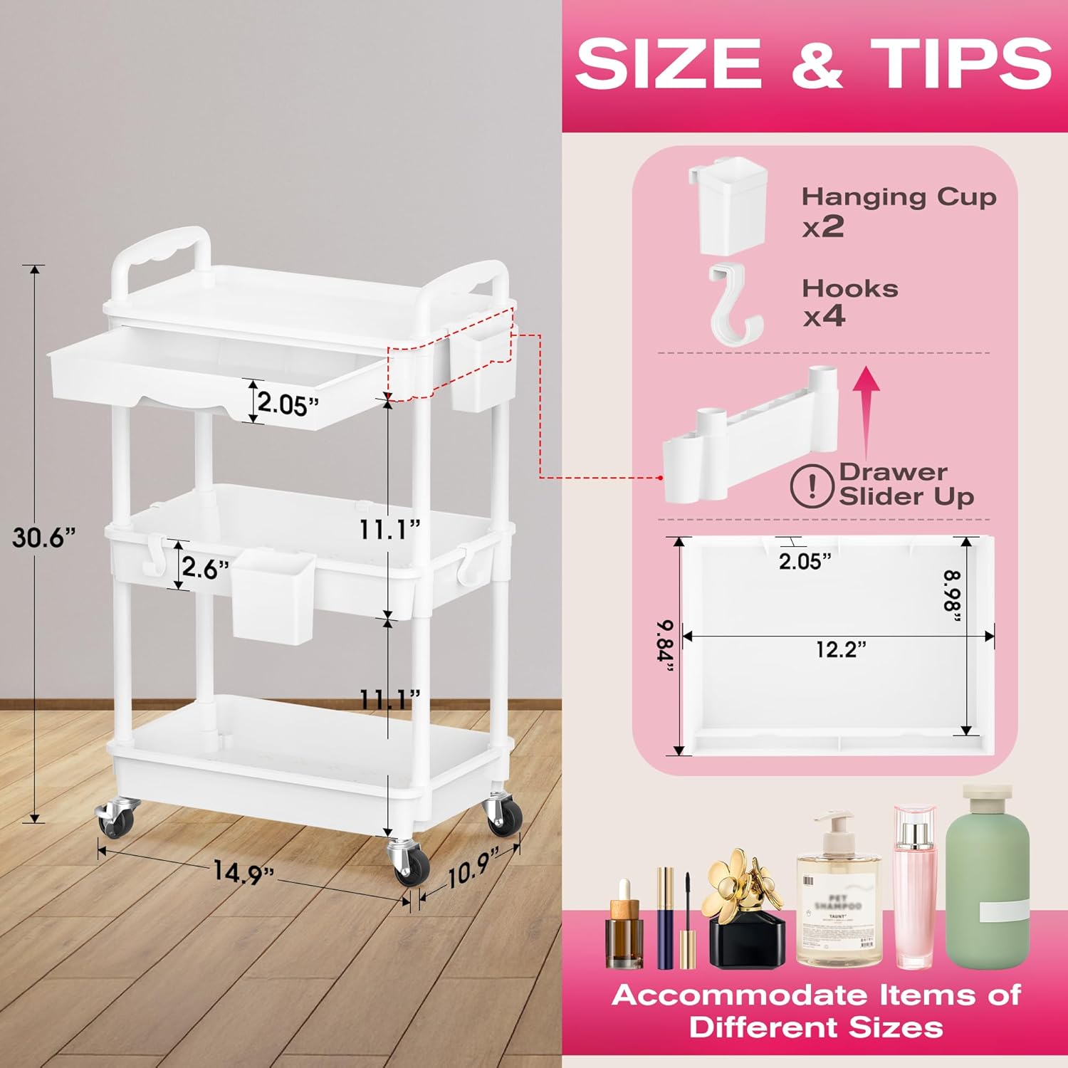 Goovilla Rolling Makeup Organizer Cart with Removable Drawer, 3 Tier Stable White Floor Skincare Storage Cart for Vanity, Cosmetic Display, Nail Polish, Perfume, Hair Stuff, Beauty, Bathroom(Plastic)